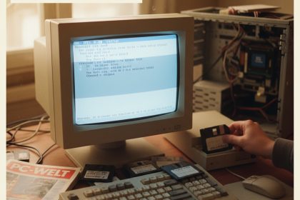 Ein klassischer Röhrenmonitor zeigt den MS-DOS 6.22 Setup-Bildschirm, daneben ein offener Retro-PC mit sichtbarer Hardware. Diskettenstapel, eine alte Tastatur und Maus runden das Bild ab.