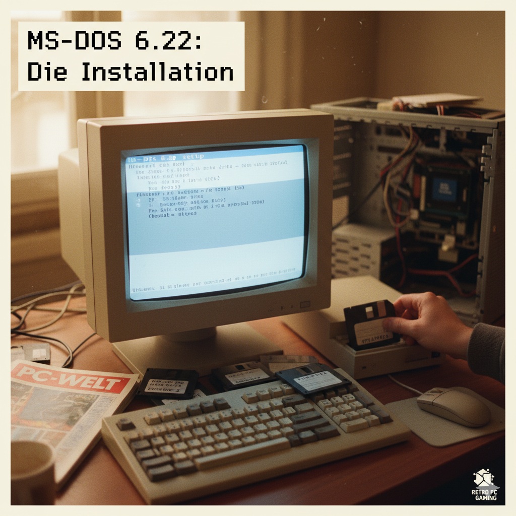 Ein klassischer Röhrenmonitor zeigt den MS-DOS 6.22 Setup-Bildschirm, daneben ein offener Retro-PC mit sichtbarer Hardware. Diskettenstapel, eine alte Tastatur und Maus runden das Bild ab.